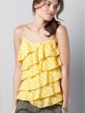 LOFT Yellow Polka-Dot Ruffle Tiered Spaghetti-Strap Top- NWOT Size S